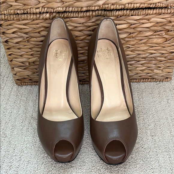 Roberto Festa Chocolate Brown Peep-Toe Stiletto Pumps Size 7.5 - Picture 1 of 14